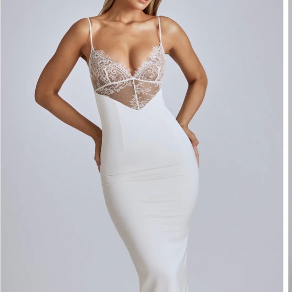 Oh Polly! Cadenza ivory satin midi dress with lace panel - Picture 9 of 15